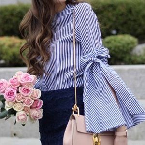 Blue Stripe Bow Tie Split Bell Sleeve Top